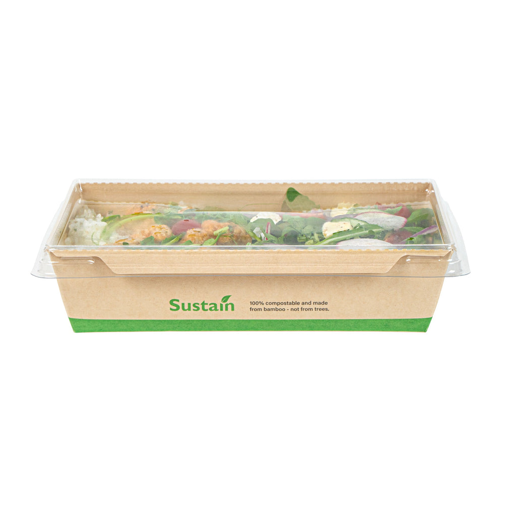 Sustain 34 oz Bamboo Paper Medium Click Lock Container - with PLA Lining, Compostable - 7 1/2" x 5 1/2" x 1 3/4" - 50 count box