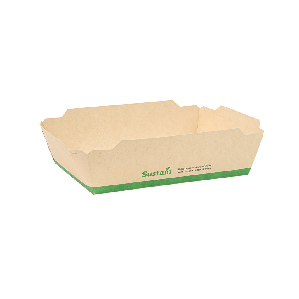 Sustain 34 oz Bamboo Paper Medium Click Lock Container - with PLA Lining, Compostable - 7 1/2" x 5 1/2" x 1 3/4" - 50 count box