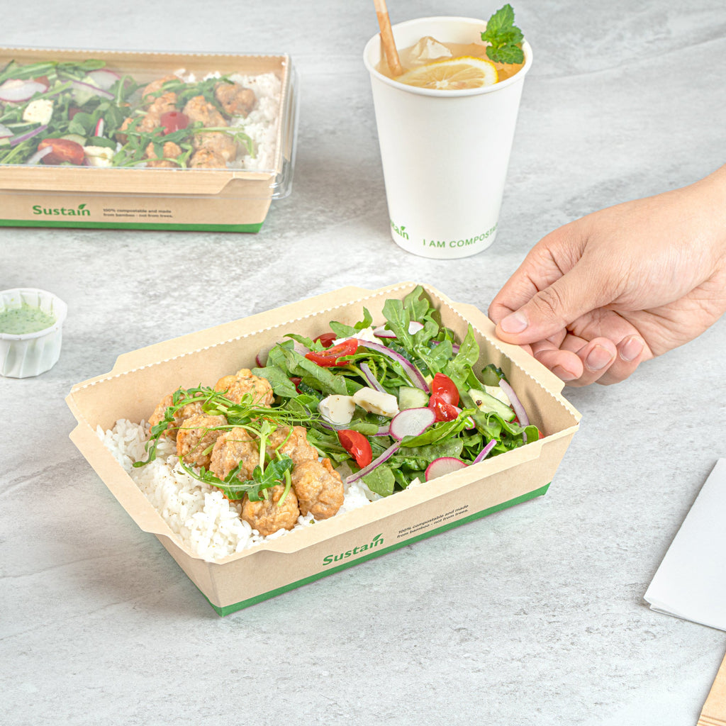 Sustain 34 oz Bamboo Paper Medium Click Lock Container - with PLA Lining, Compostable - 7 1/2" x 5 1/2" x 1 3/4" - 50 count box