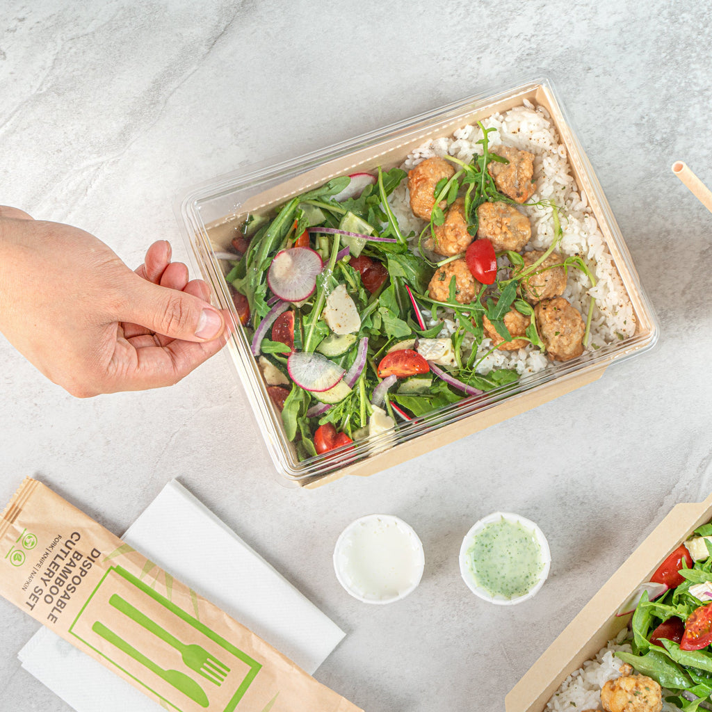 Sustain 34 oz Bamboo Paper Medium Click Lock Container - with PLA Lining, Compostable - 7 1/2" x 5 1/2" x 1 3/4" - 50 count box