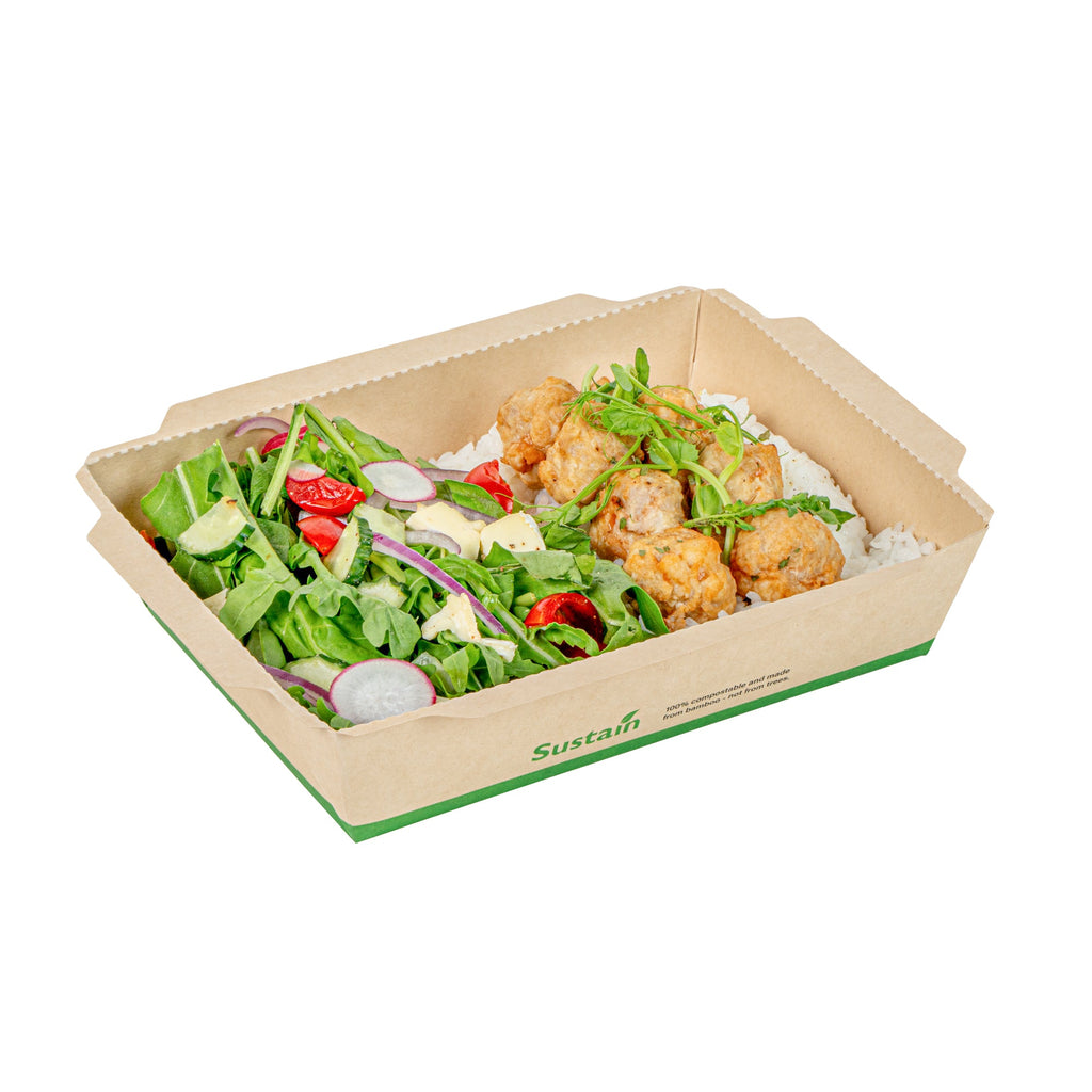 Sustain 34 oz Bamboo Paper Medium Click Lock Container - with PLA Lining, Compostable - 7 1/2" x 5 1/2" x 1 3/4" - 200 count box