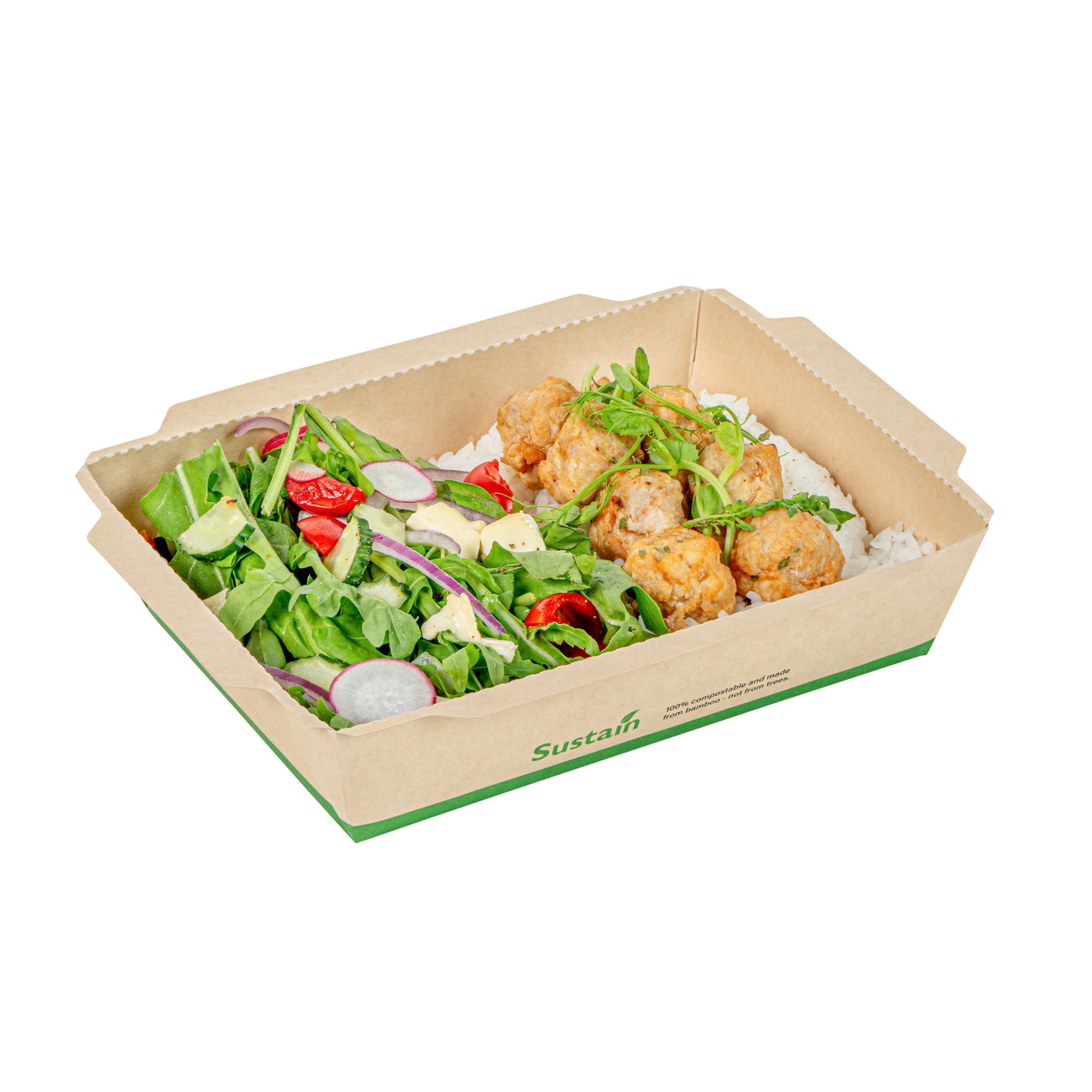 Sustain 34 oz Bamboo Paper Medium Click Lock Container - with PLA Lining, Compostable - 7 1/2" x 5 1/2" x 1 3/4" - 200 count box