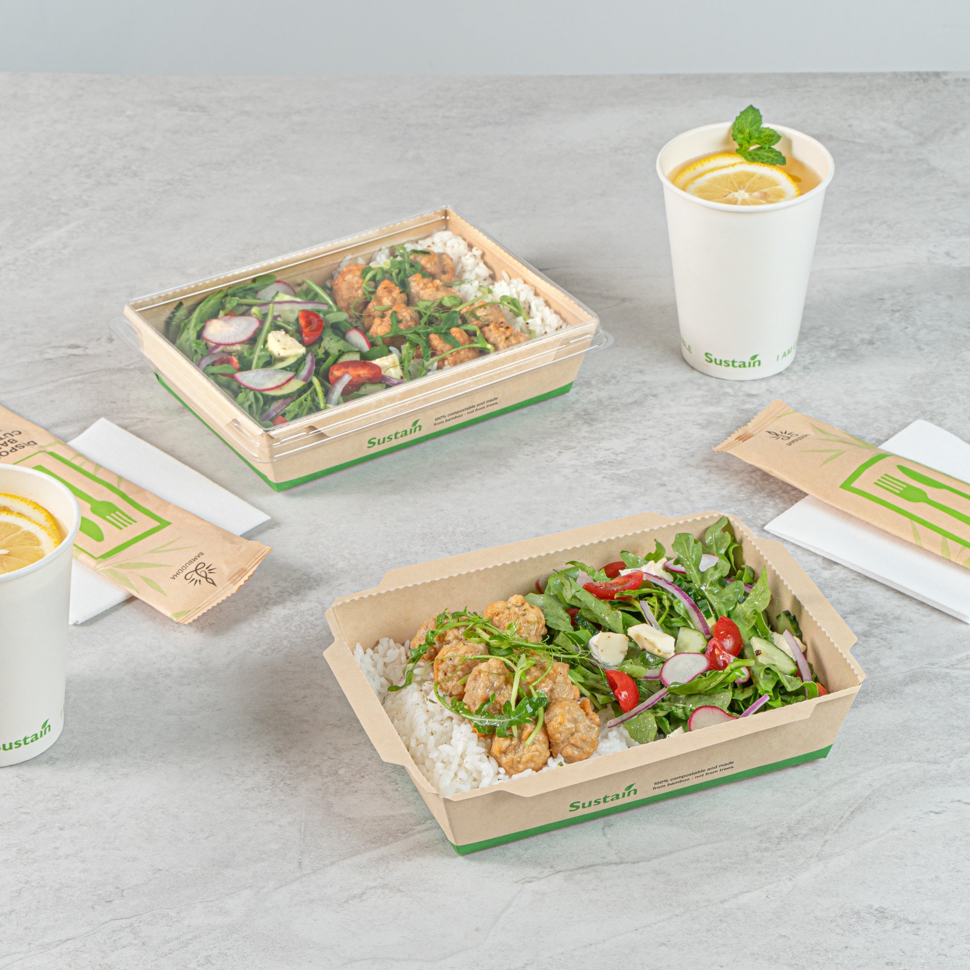 Sustain 34 oz Bamboo Paper Medium Click Lock Container - with PLA Lining, Compostable - 7 1/2" x 5 1/2" x 1 3/4" - 200 count box