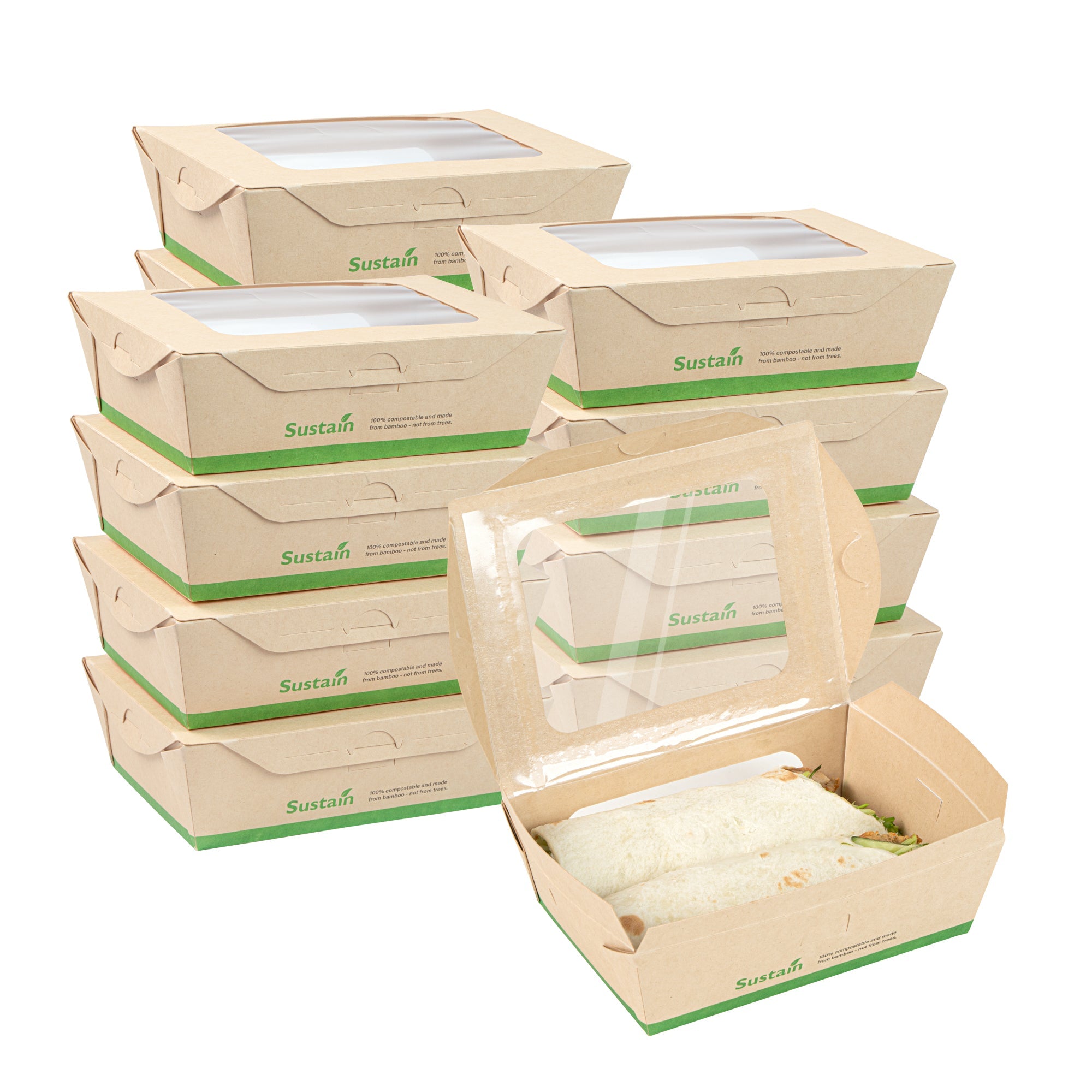 Sustain 28 oz Bamboo Paper Small Bio Take Out Container - with PLA Lining and Windows, Compostable - 6 1/4" x 4 3/4" x 2" - 50 count box