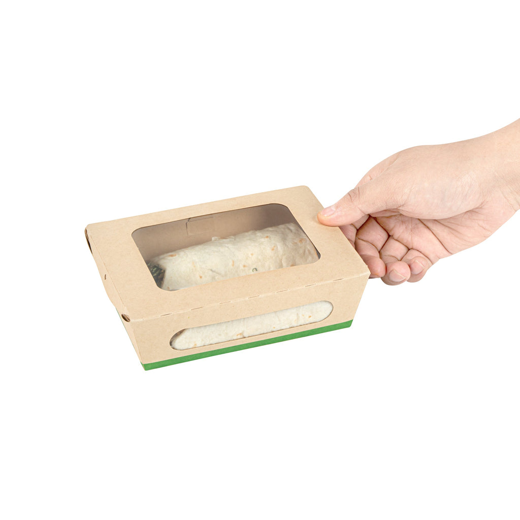 Sustain 28 oz Bamboo Paper Small Bio Take Out Container - with PLA Lining and Windows, Compostable - 6 1/4" x 4 3/4" x 2" - 50 count box