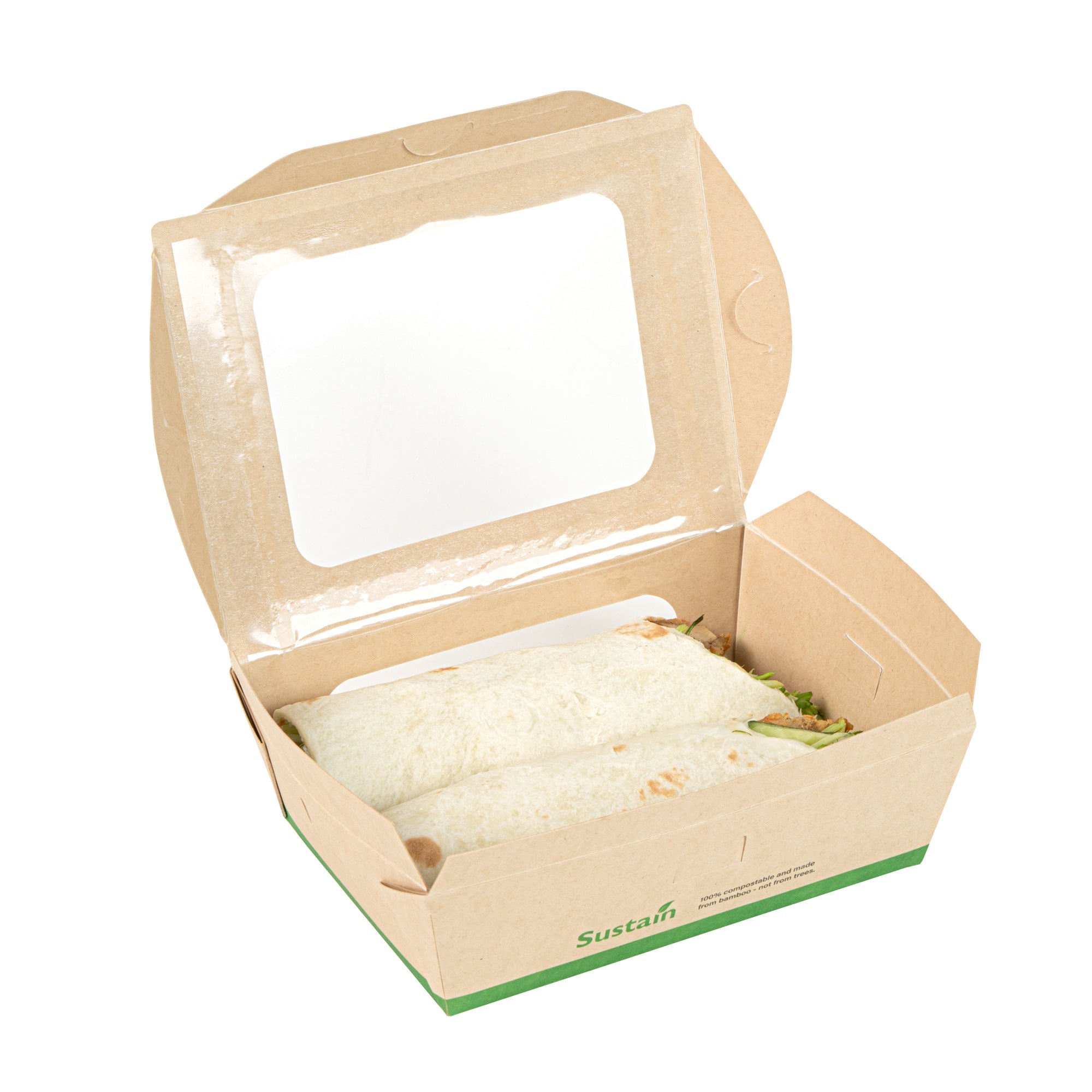 Sustain 28 oz Bamboo Paper Small Bio Take Out Container - with PLA Lining and Windows, Compostable - 6 1/4" x 4 3/4" x 2" - 50 count box