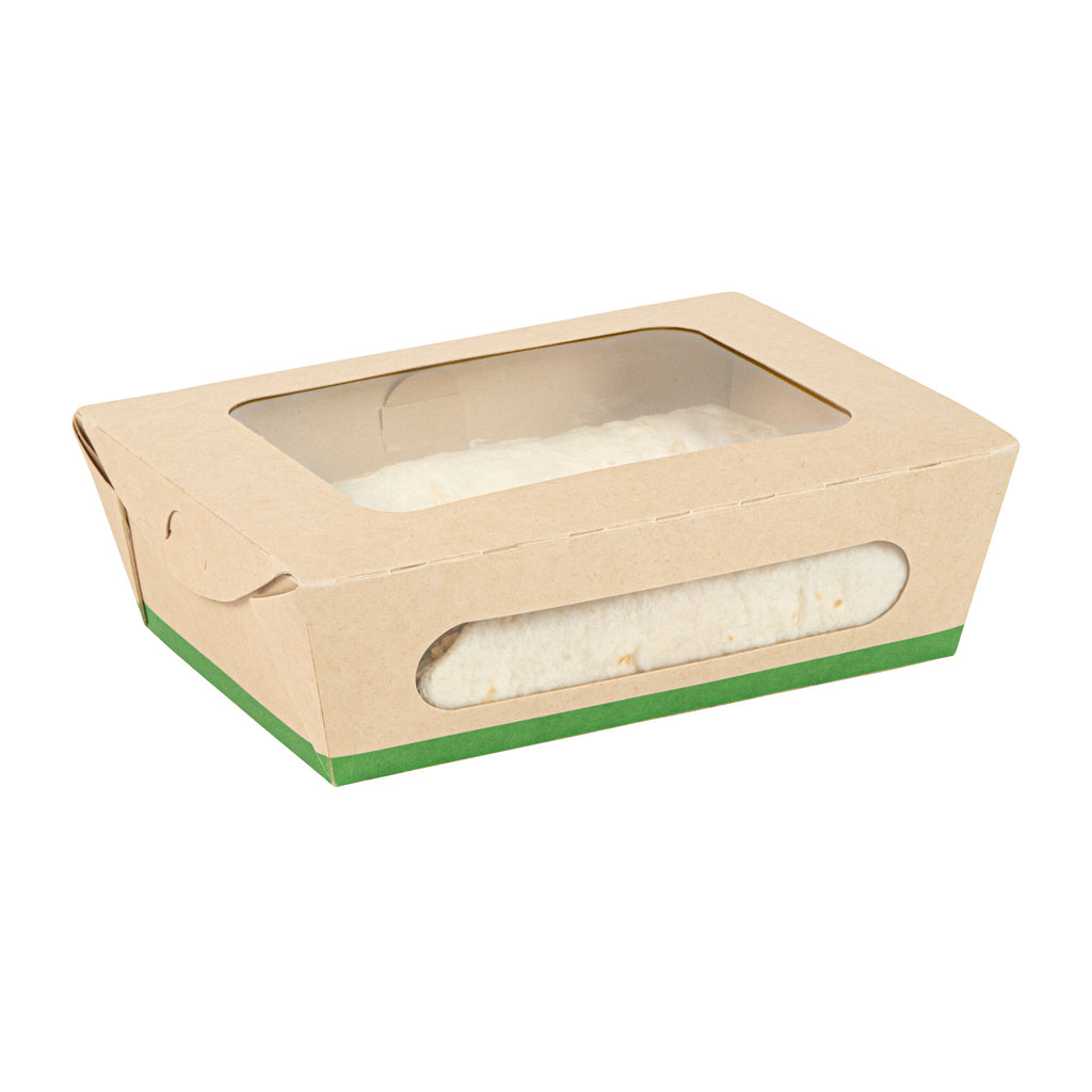 Sustain 28 oz Bamboo Paper Small Bio Take Out Container - with PLA Lining and Windows, Compostable - 6 1/4" x 4 3/4" x 2" - 50 count box
