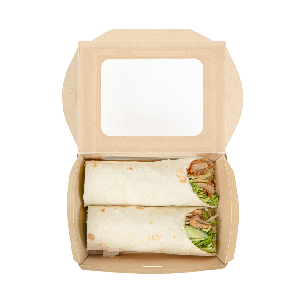Sustain 28 oz Bamboo Paper Small Bio Take Out Container - with PLA Lining and Windows, Compostable - 6 1/4" x 4 3/4" x 2" - 50 count box