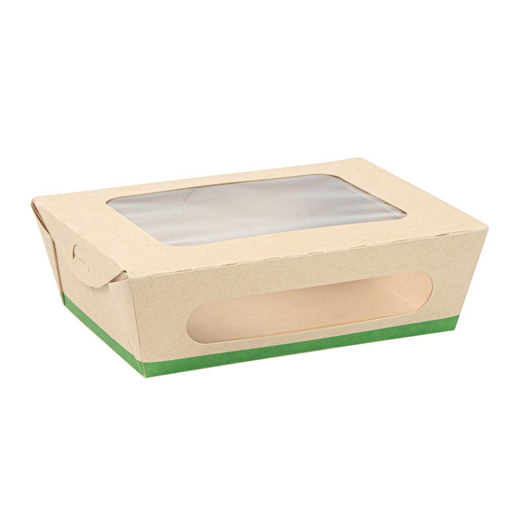 Sustain 28 oz Bamboo Paper Small Bio Take Out Container - with PLA Lining and Windows, Compostable - 6 1/4" x 4 3/4" x 2" - 50 count box
