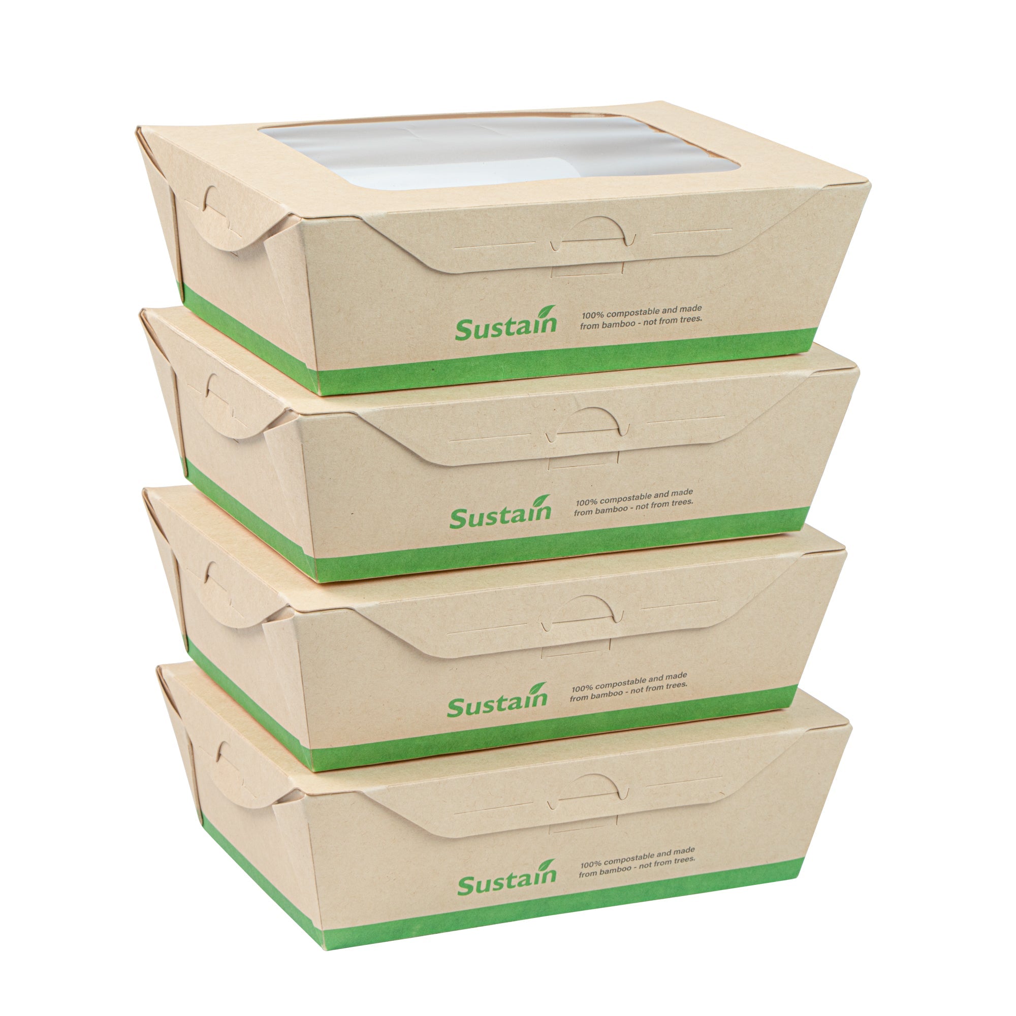 Sustain 28 oz Bamboo Paper Small Bio Take Out Container - with PLA Lining and Windows, Compostable - 6 1/4" x 4 3/4" x 2" - 50 count box