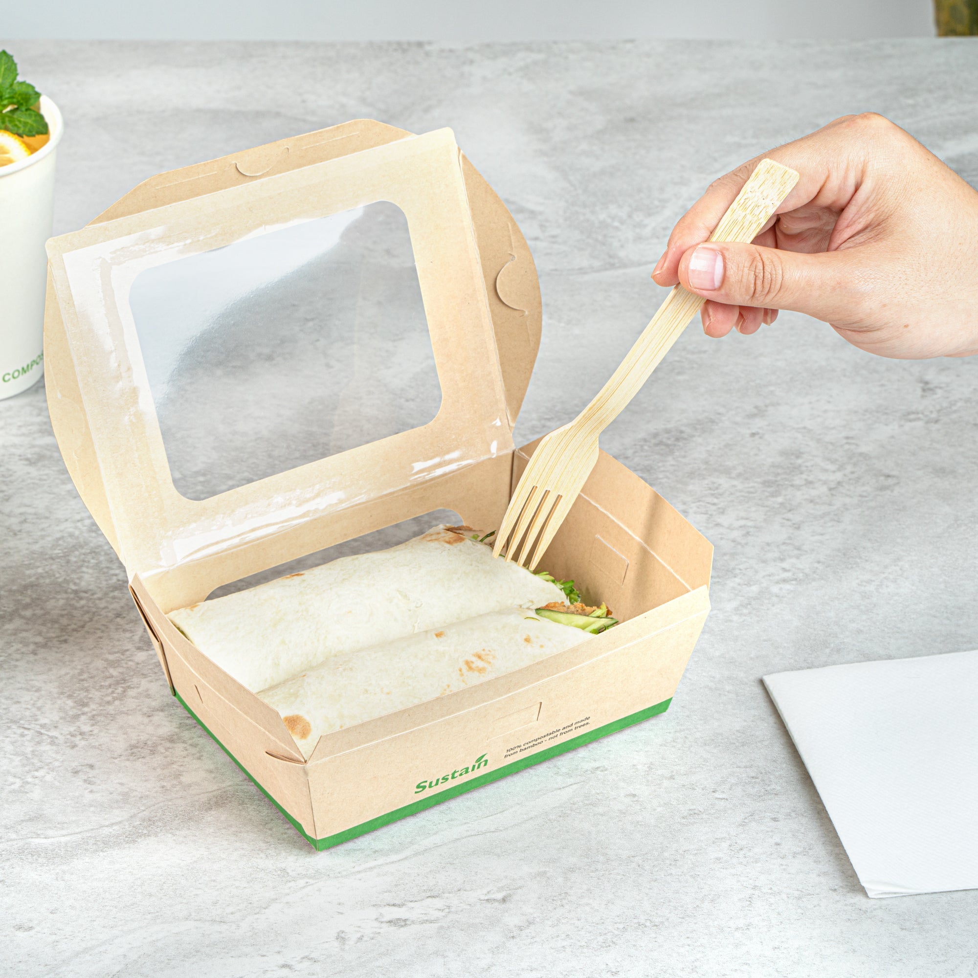 Sustain 28 oz Bamboo Paper Small Bio Take Out Container - with PLA Lining and Windows, Compostable - 6 1/4" x 4 3/4" x 2" - 50 count box