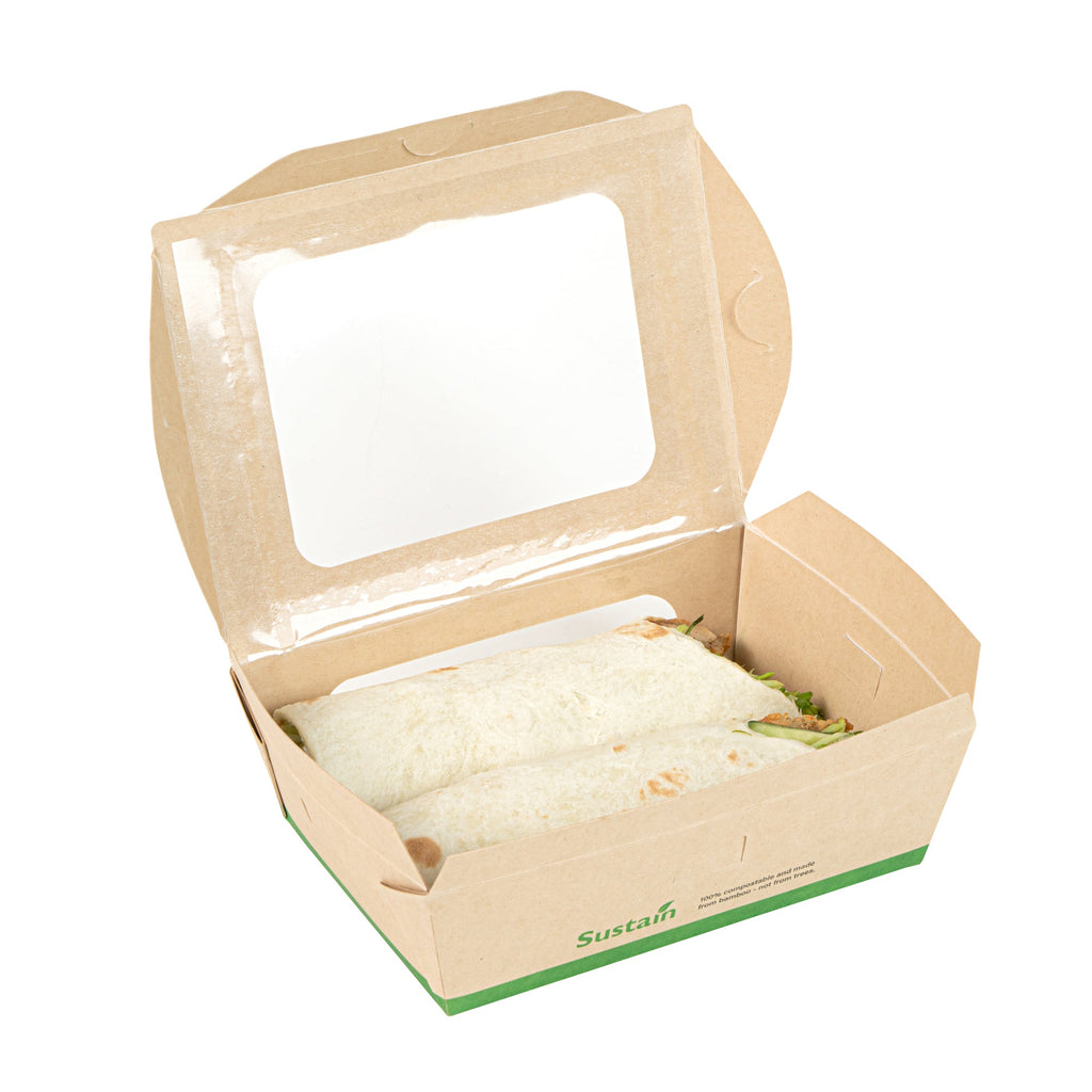 Sustain 28 oz Bamboo Paper Small Bio Take Out Container - with PLA Lining and Windows, Compostable - 6 1/4" x 4 3/4" x 2" - 200 count box