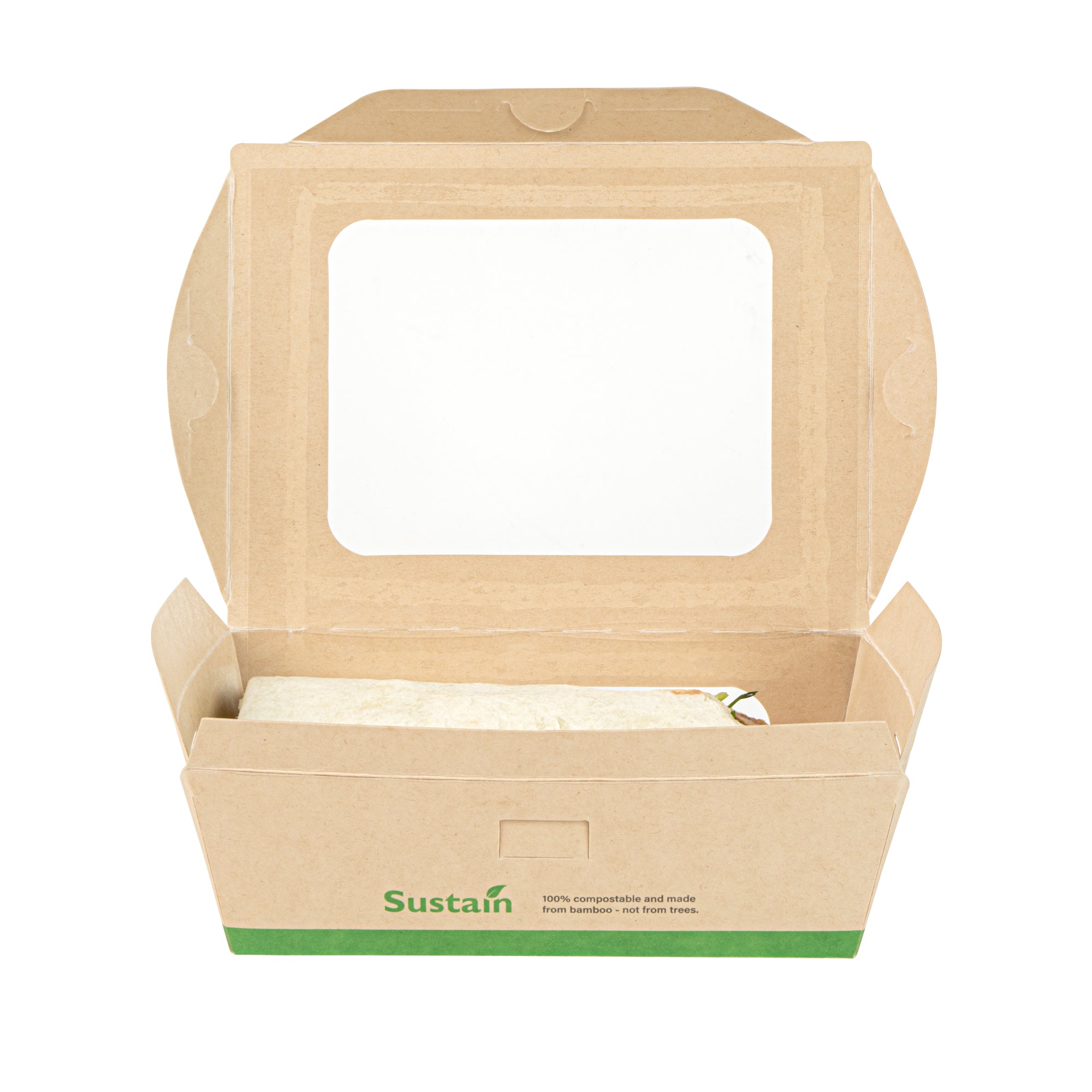 Sustain 28 oz Bamboo Paper Small Bio Take Out Container - with PLA Lining and Windows, Compostable - 6 1/4" x 4 3/4" x 2" - 200 count box