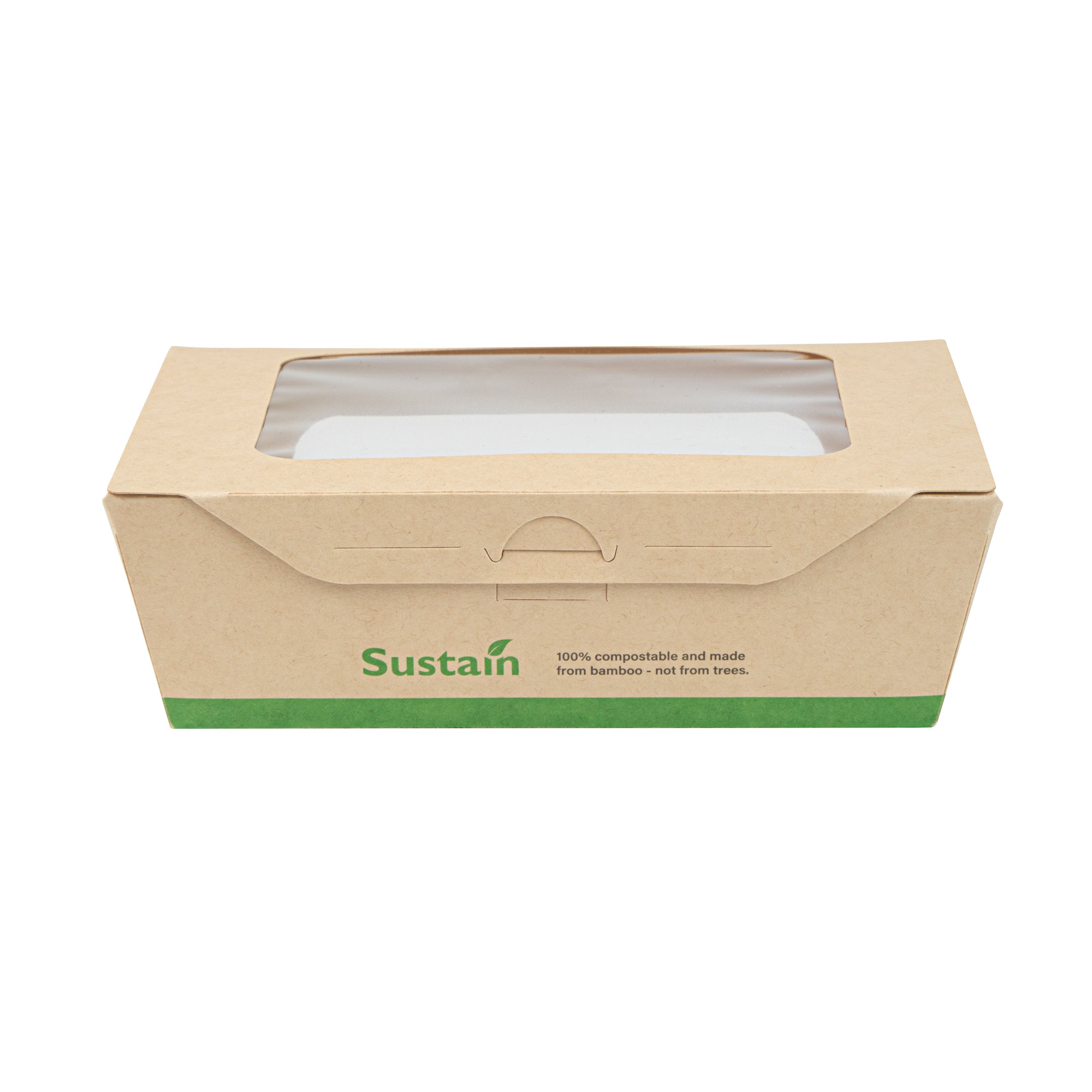 Sustain 28 oz Bamboo Paper Small Bio Take Out Container - with PLA Lining and Windows, Compostable - 6 1/4" x 4 3/4" x 2" - 200 count box