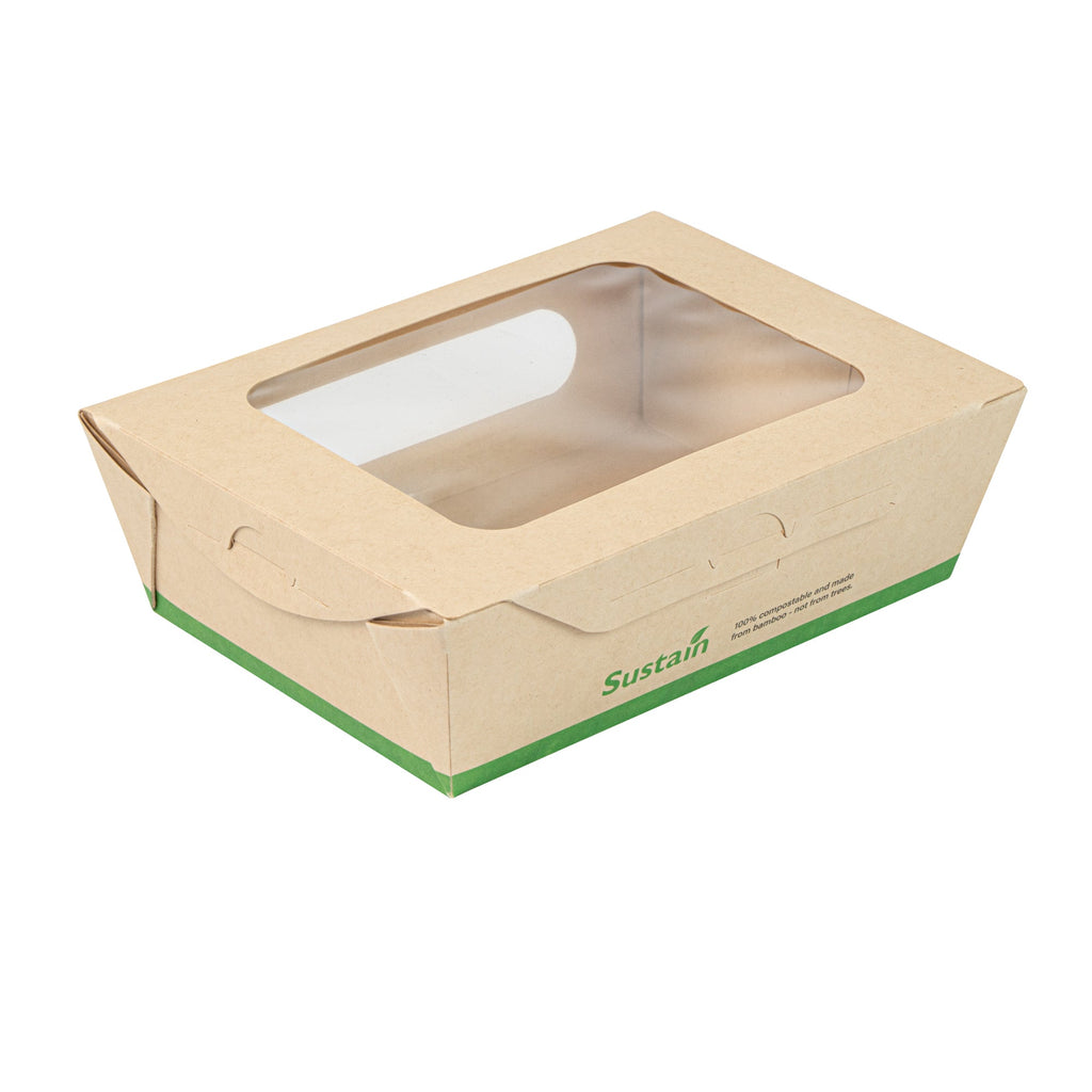Sustain 28 oz Bamboo Paper Small Bio Take Out Container - with PLA Lining and Windows, Compostable - 6 1/4" x 4 3/4" x 2" - 200 count box