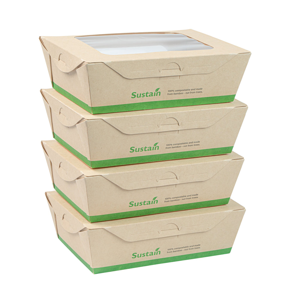 Sustain 28 oz Bamboo Paper Small Bio Take Out Container - with PLA Lining and Windows, Compostable - 6 1/4" x 4 3/4" x 2" - 200 count box