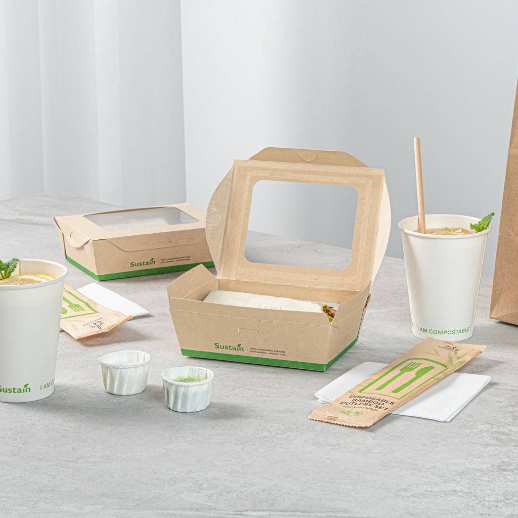 Sustain 28 oz Bamboo Paper Small Bio Take Out Container - with PLA Lining and Windows, Compostable - 6 1/4" x 4 3/4" x 2" - 200 count box