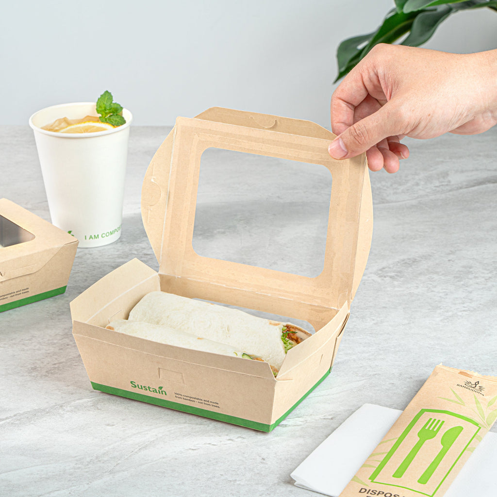 Sustain 28 oz Bamboo Paper Small Bio Take Out Container - with PLA Lining and Windows, Compostable - 6 1/4" x 4 3/4" x 2" - 200 count box