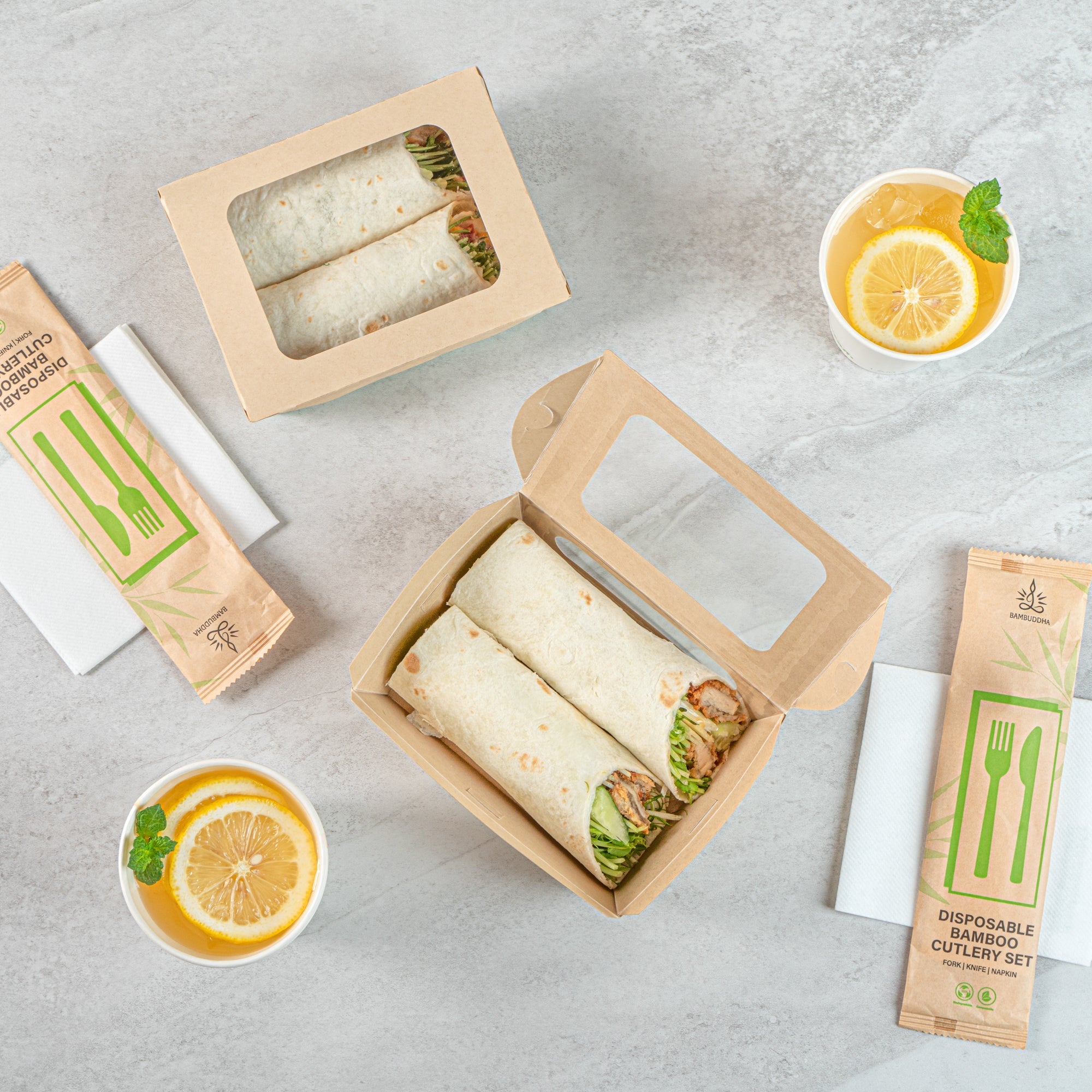 Sustain 28 oz Bamboo Paper Small Bio Take Out Container - with PLA Lining and Windows, Compostable - 6 1/4" x 4 3/4" x 2" - 200 count box
