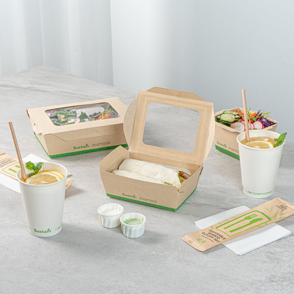 Sustain 28 oz Bamboo Paper Small Bio Take Out Container - with PLA Lining and Windows, Compostable - 6 1/4" x 4 3/4" x 2" - 200 count box