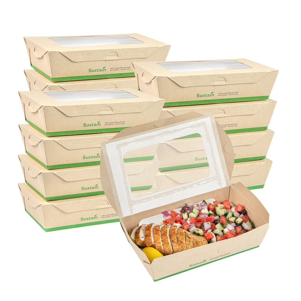 Sustain 35 oz Bamboo Paper Medium Bio Take Out Container - with PLA Lining and Windows, Compostable - 8" x 4 3/4" x 2" - 200 count box