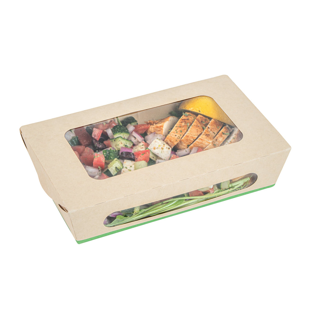 Sustain 35 oz Bamboo Paper Medium Bio Take Out Container - with PLA Lining and Windows, Compostable - 8" x 4 3/4" x 2" - 50 count box