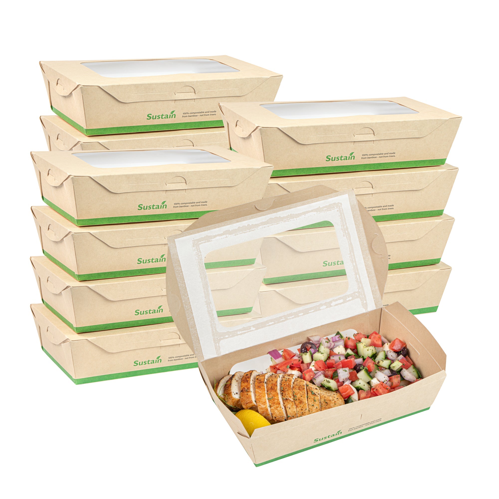 Sustain 35 oz Bamboo Paper Medium Bio Take Out Container - with PLA Lining and Windows, Compostable - 8" x 4 3/4" x 2" - 50 count box