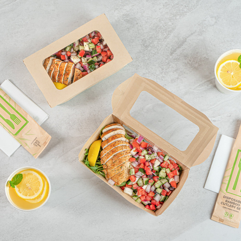 Sustain 35 oz Bamboo Paper Medium Bio Take Out Container - with PLA Lining and Windows, Compostable - 8" x 4 3/4" x 2" - 50 count box