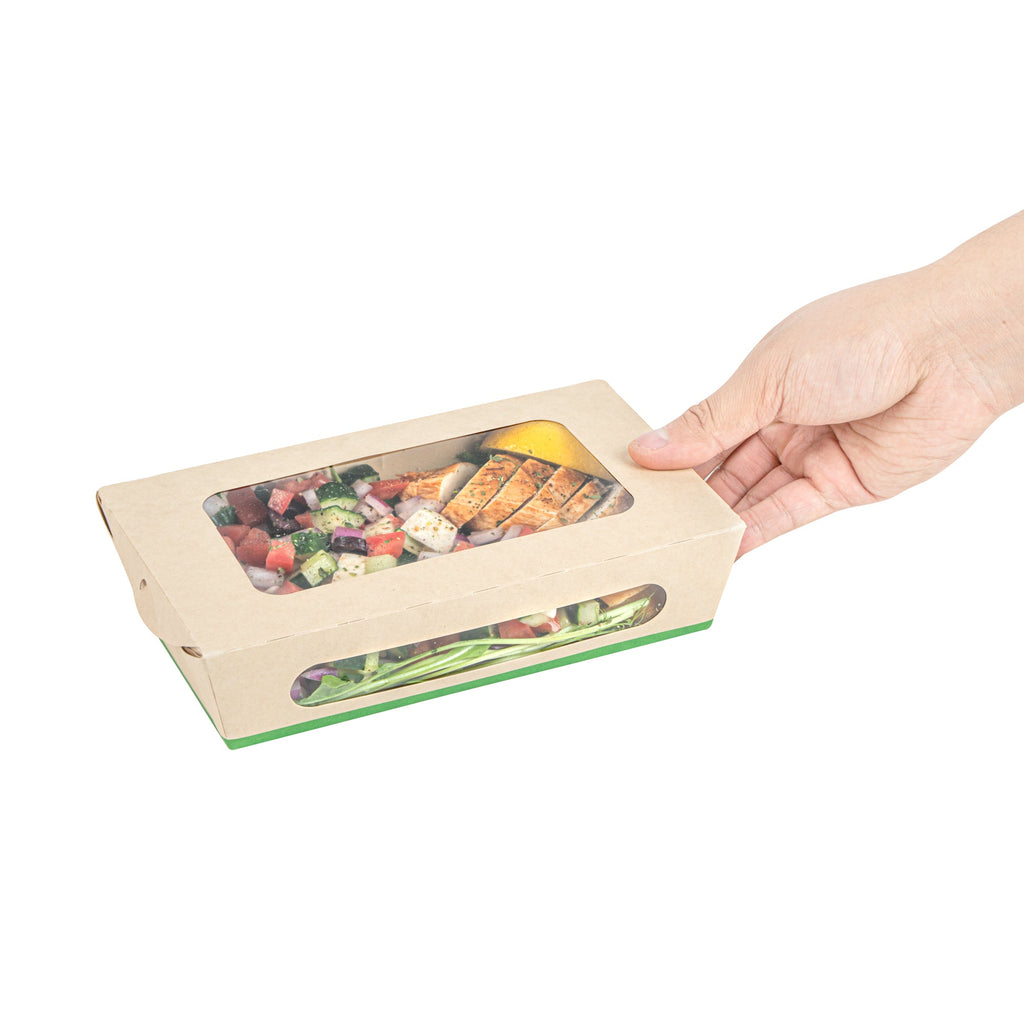 Sustain 35 oz Bamboo Paper Medium Bio Take Out Container - with PLA Lining and Windows, Compostable - 8" x 4 3/4" x 2" - 50 count box
