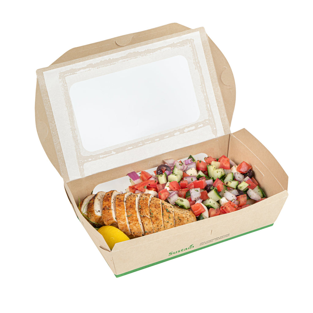 Sustain 35 oz Bamboo Paper Medium Bio Take Out Container - with PLA Lining and Windows, Compostable - 8" x 4 3/4" x 2" - 50 count box