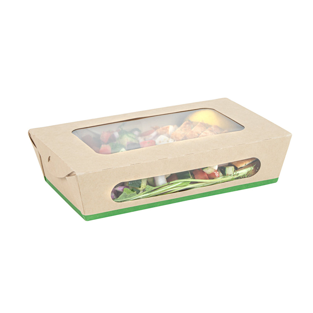 Sustain 35 oz Bamboo Paper Medium Bio Take Out Container - with PLA Lining and Windows, Compostable - 8" x 4 3/4" x 2" - 50 count box