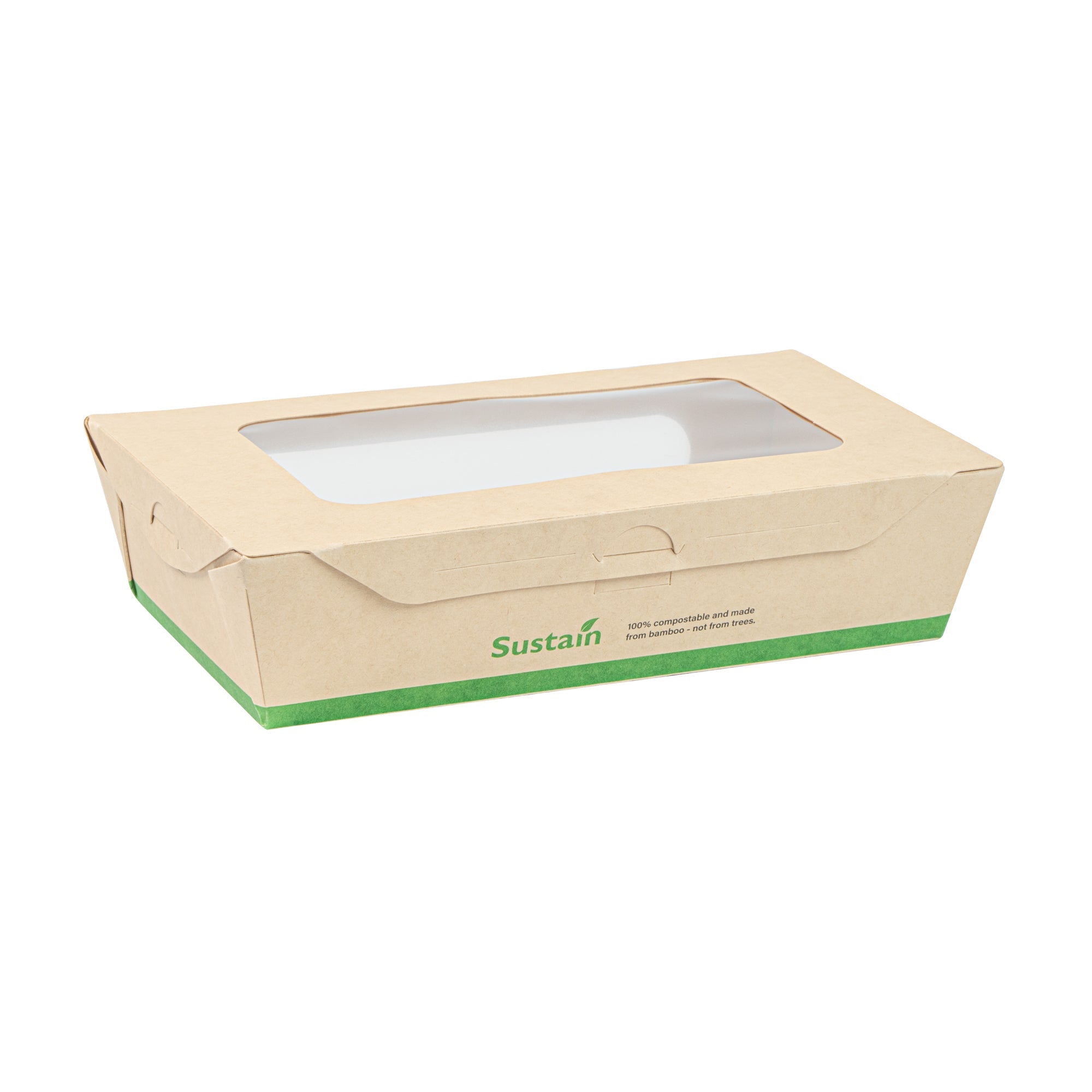 Sustain 35 oz Bamboo Paper Medium Bio Take Out Container - with PLA Lining and Windows, Compostable - 8" x 4 3/4" x 2" - 50 count box