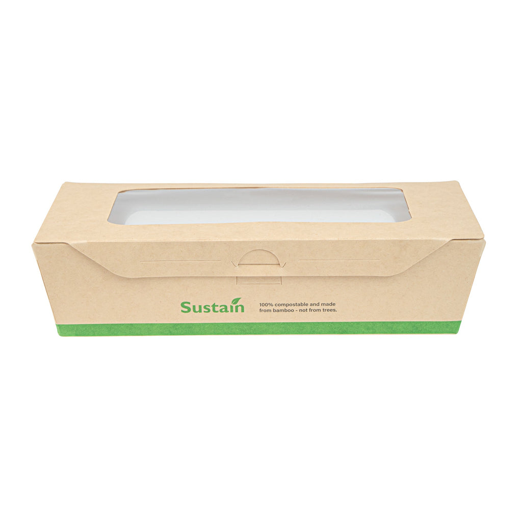 Sustain 35 oz Bamboo Paper Medium Bio Take Out Container - with PLA Lining and Windows, Compostable - 8" x 4 3/4" x 2" - 50 count box