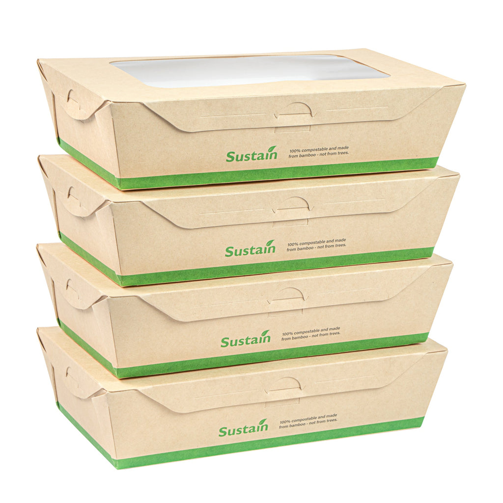 Sustain 35 oz Bamboo Paper Medium Bio Take Out Container - with PLA Lining and Windows, Compostable - 8" x 4 3/4" x 2" - 50 count box