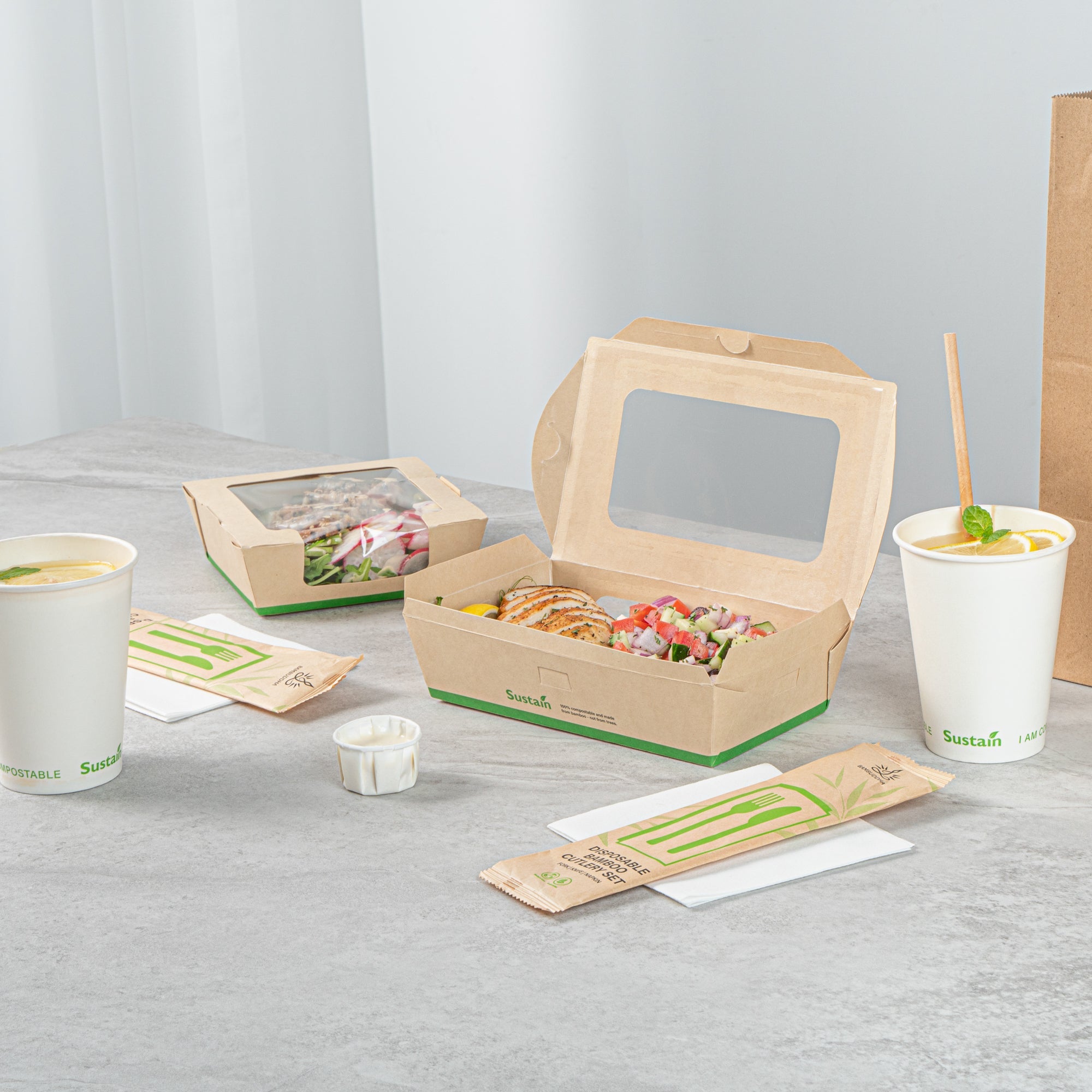 Sustain 35 oz Bamboo Paper Medium Bio Take Out Container - with PLA Lining and Windows, Compostable - 8" x 4 3/4" x 2" - 50 count box