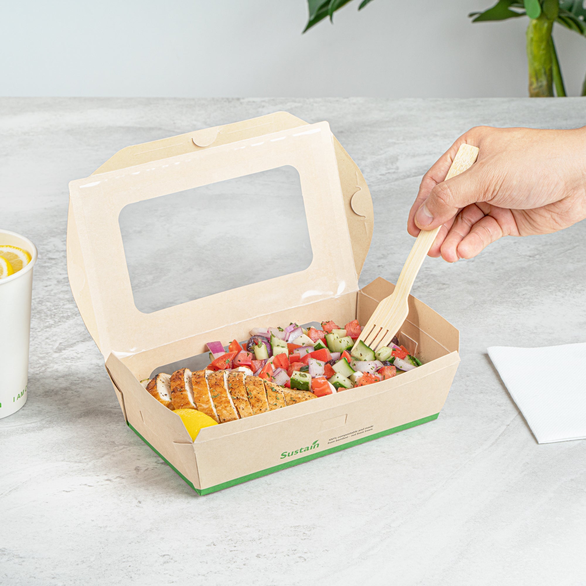 Sustain 35 oz Bamboo Paper Medium Bio Take Out Container - with PLA Lining and Windows, Compostable - 8" x 4 3/4" x 2" - 50 count box