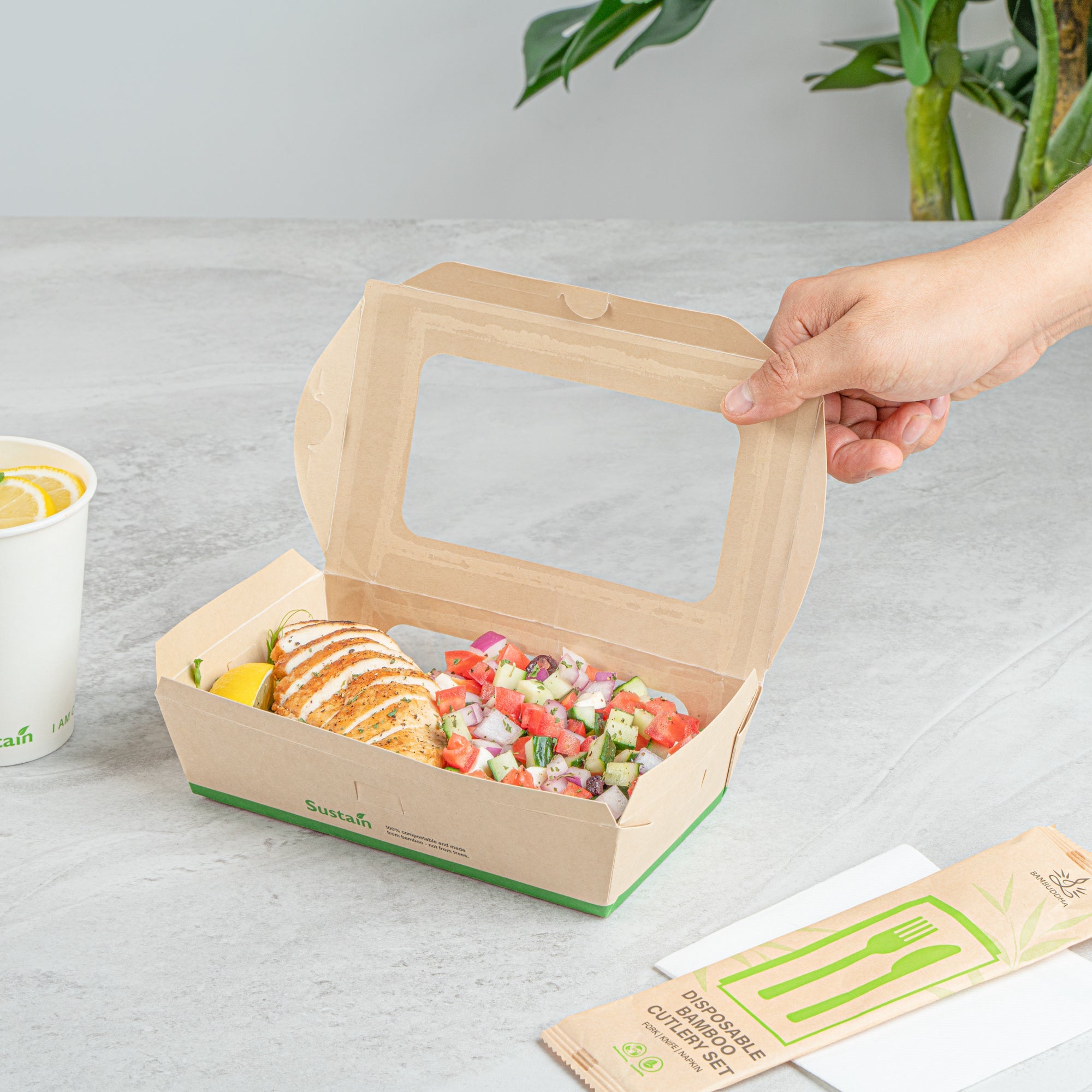 Sustain 35 oz Bamboo Paper Medium Bio Take Out Container - with PLA Lining and Windows, Compostable - 8" x 4 3/4" x 2" - 50 count box