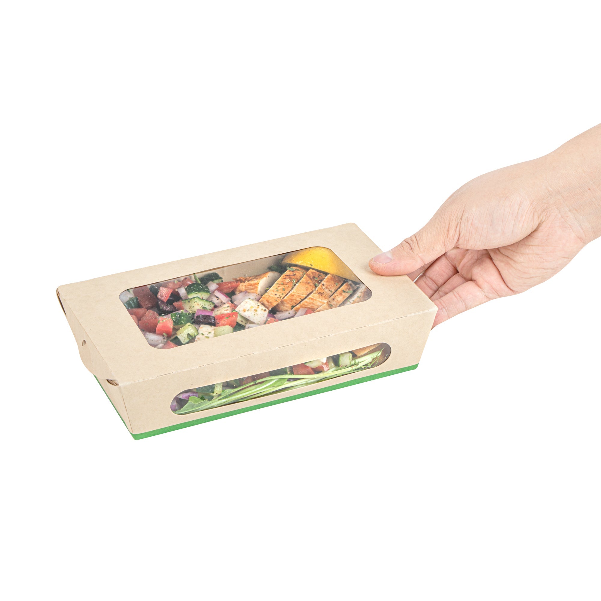 Sustain 35 oz Bamboo Paper Medium Bio Take Out Container - with PLA Lining and Windows, Compostable - 8" x 4 3/4" x 2" - 200 count box