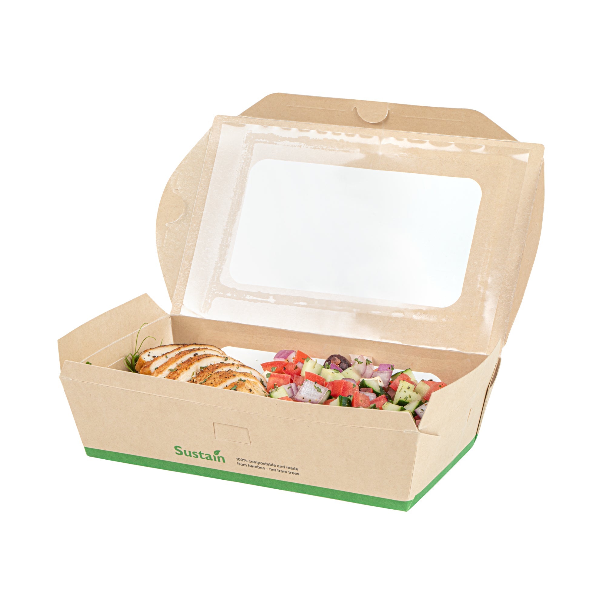 Sustain 35 oz Bamboo Paper Medium Bio Take Out Container - with PLA Lining and Windows, Compostable - 8" x 4 3/4" x 2" - 200 count box