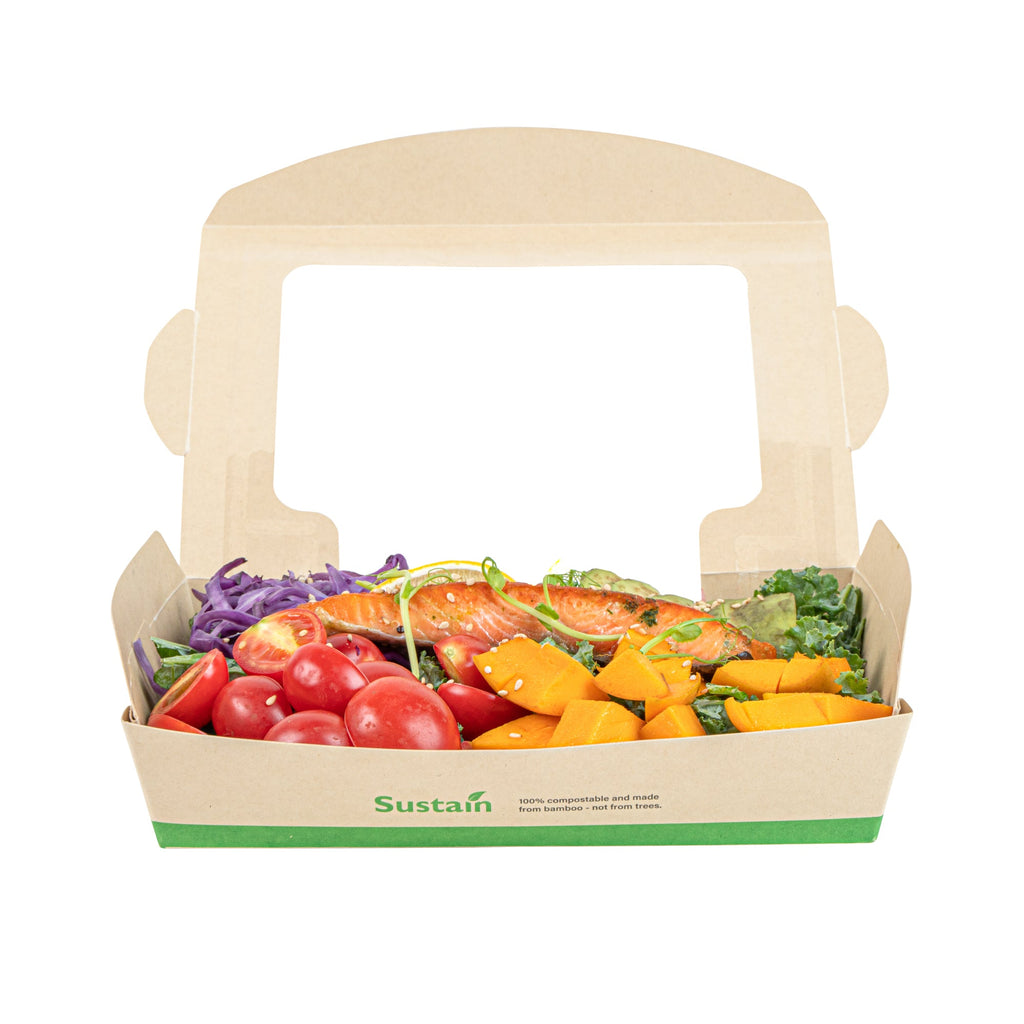 Sustain 35 oz Bamboo Paper Medium Bio Take Out Container - with PLA Lining and Windows, Compostable - 8" x 4 3/4" x 2" - 200 count box