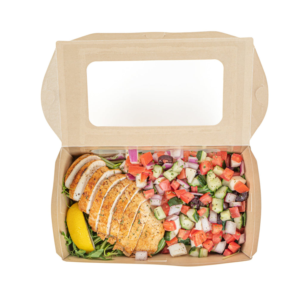 Sustain 35 oz Bamboo Paper Medium Bio Take Out Container - with PLA Lining and Windows, Compostable - 8" x 4 3/4" x 2" - 200 count box