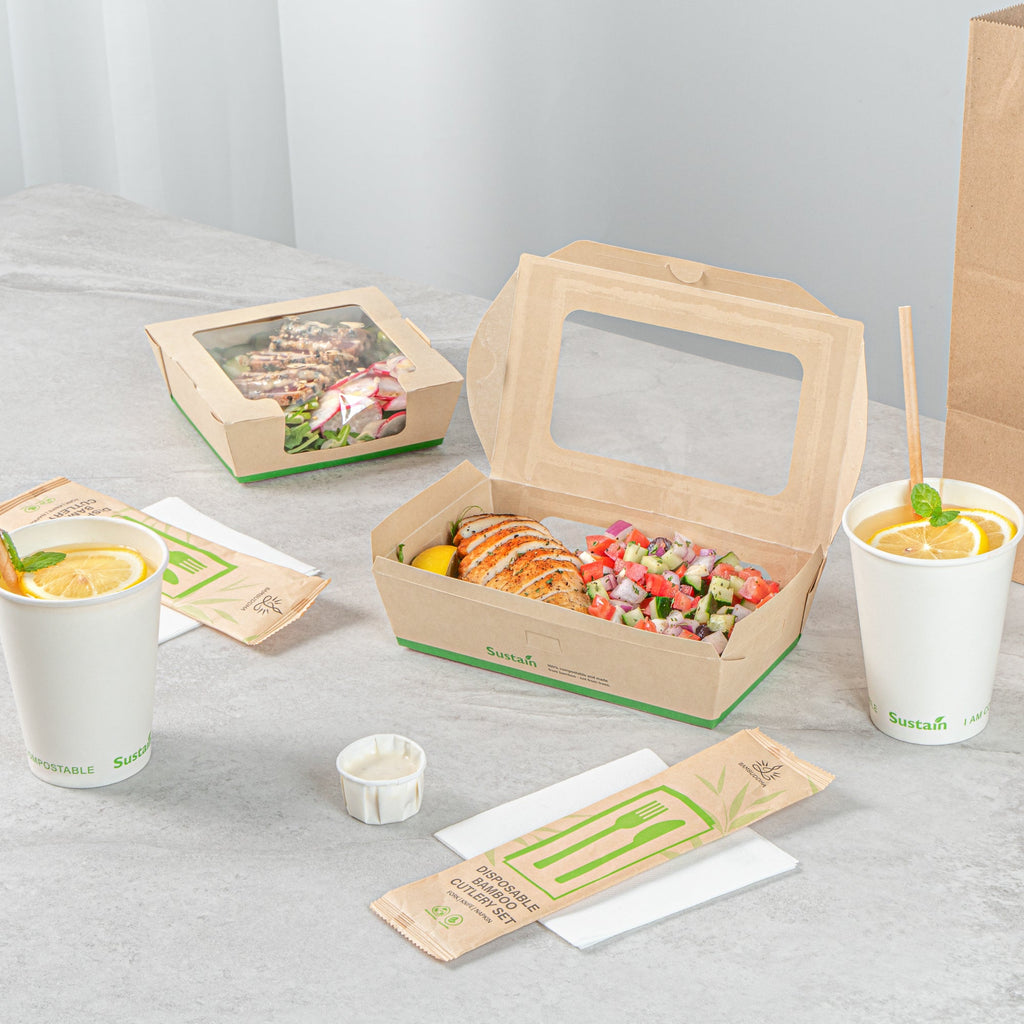 Sustain 35 oz Bamboo Paper Medium Bio Take Out Container - with PLA Lining and Windows, Compostable - 8" x 4 3/4" x 2" - 200 count box