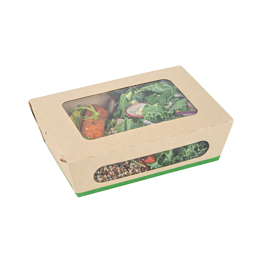 Sustain 57 oz Bamboo Paper Extra Large Bio Take Out Container - with PLA Lining, Windows, Compostable - 8" x 5 1/2" x 2 1/2" - 200 count box