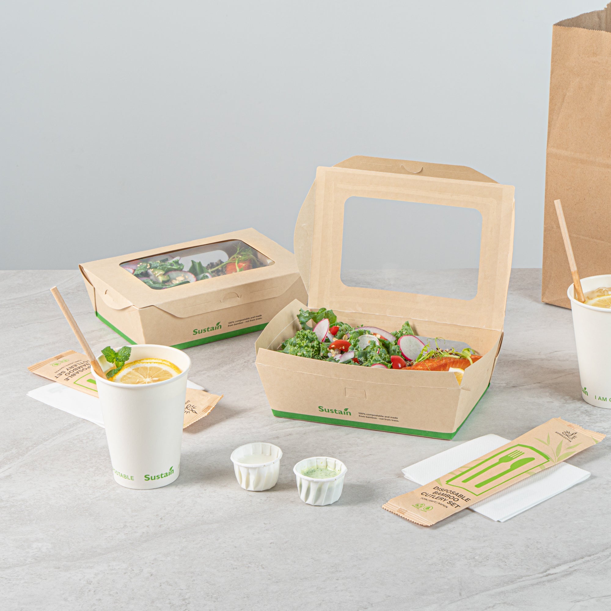 Sustain 57 oz Bamboo Paper Extra Large Bio Take Out Container - with PLA Lining, Windows, Compostable - 8" x 5 1/2" x 2 1/2" - 50 count box