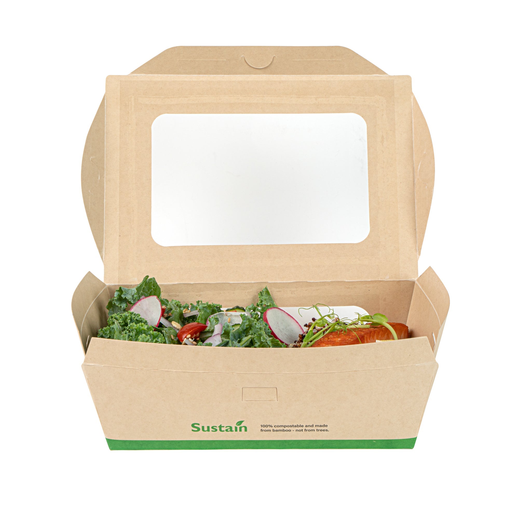Sustain 57 oz Bamboo Paper Extra Large Bio Take Out Container - with PLA Lining, Windows, Compostable - 8" x 5 1/2" x 2 1/2" - 50 count box