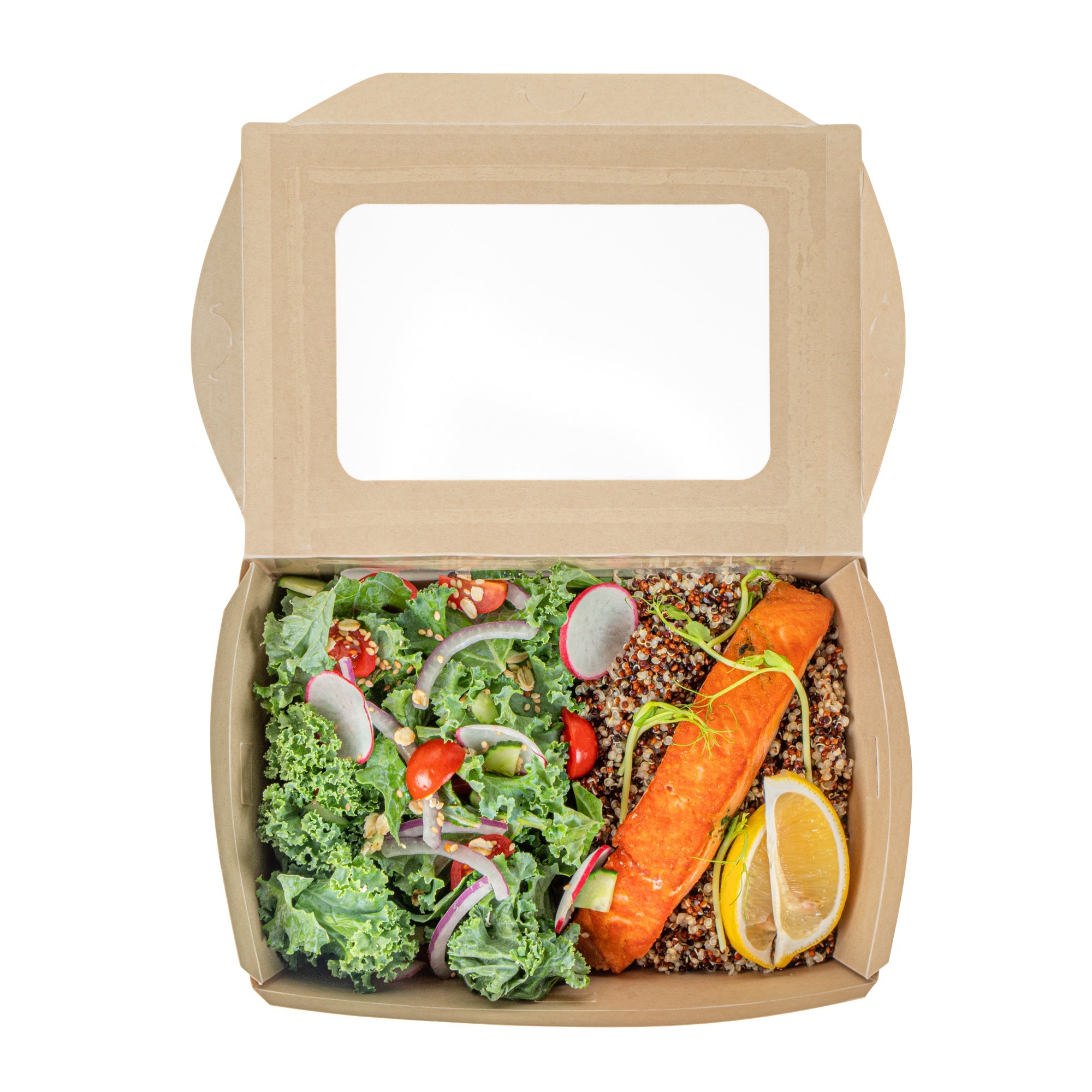 Sustain 57 oz Bamboo Paper Extra Large Bio Take Out Container - with PLA Lining, Windows, Compostable - 8" x 5 1/2" x 2 1/2" - 50 count box