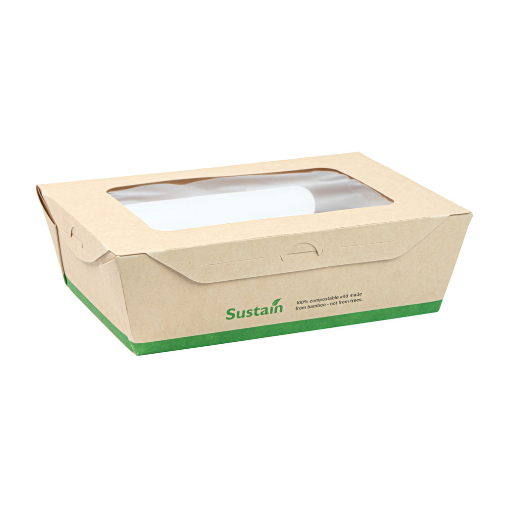Sustain 57 oz Bamboo Paper Extra Large Bio Take Out Container - with PLA Lining, Windows, Compostable - 8" x 5 1/2" x 2 1/2" - 50 count box