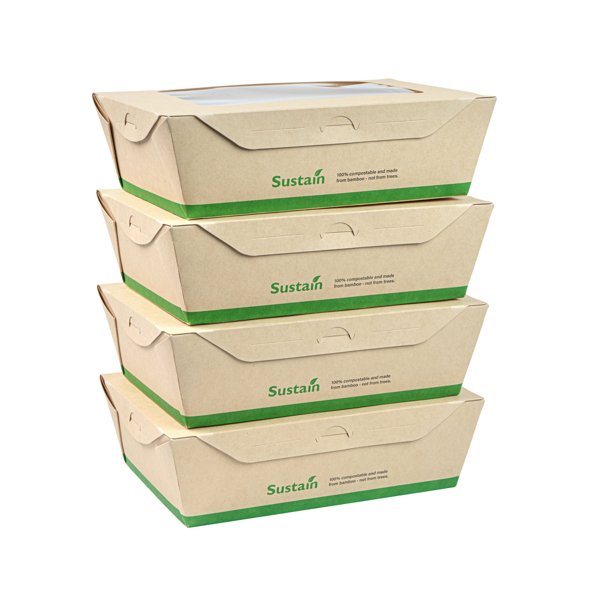 Sustain 57 oz Bamboo Paper Extra Large Bio Take Out Container - with PLA Lining, Windows, Compostable - 8" x 5 1/2" x 2 1/2" - 50 count box