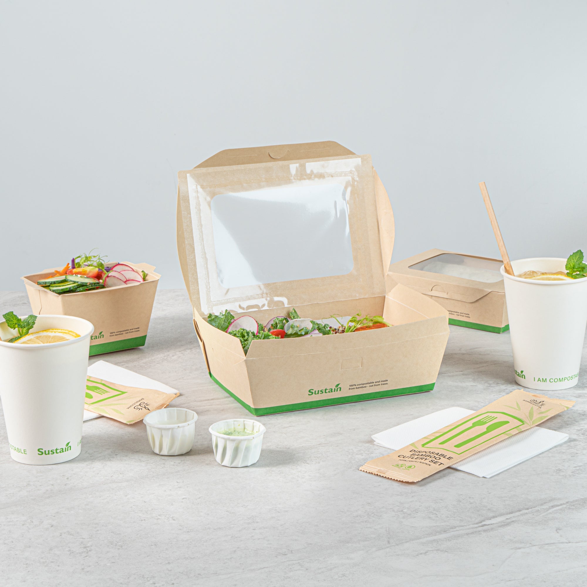 Sustain 57 oz Bamboo Paper Extra Large Bio Take Out Container - with PLA Lining, Windows, Compostable - 8" x 5 1/2" x 2 1/2" - 50 count box