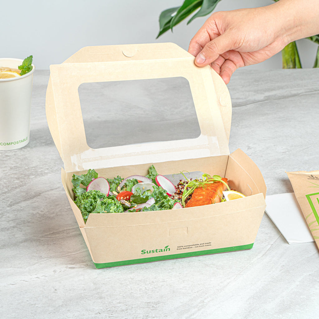 Sustain 57 oz Bamboo Paper Extra Large Bio Take Out Container - with PLA Lining, Windows, Compostable - 8" x 5 1/2" x 2 1/2" - 50 count box